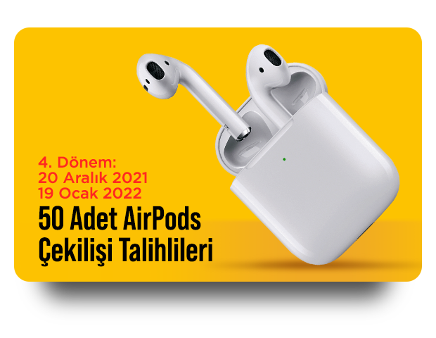 20 Aralık 2021 - 19 Ocak 2022 50 adet Apple Airpods ve Şarj Kutusu Talihlileri